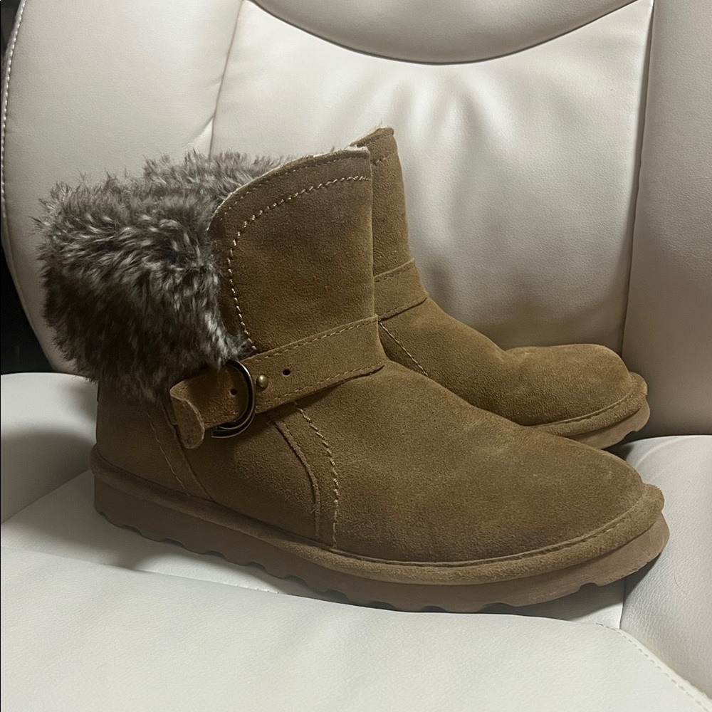 Bearpaw Tan Suede Ankle Boots with Faux Fur
